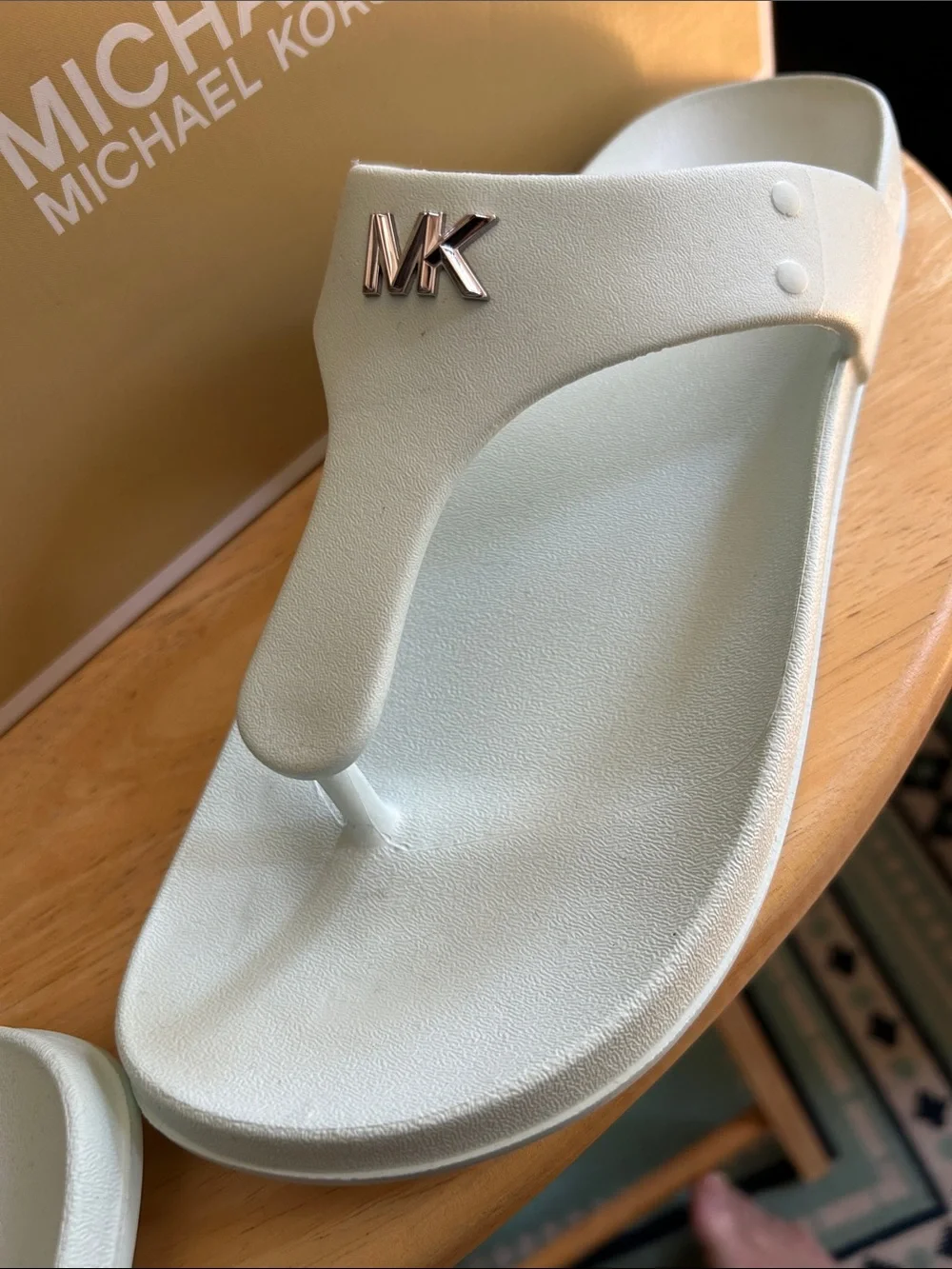Michael Kors White Thong Sandals with Rose Gold MK Logo